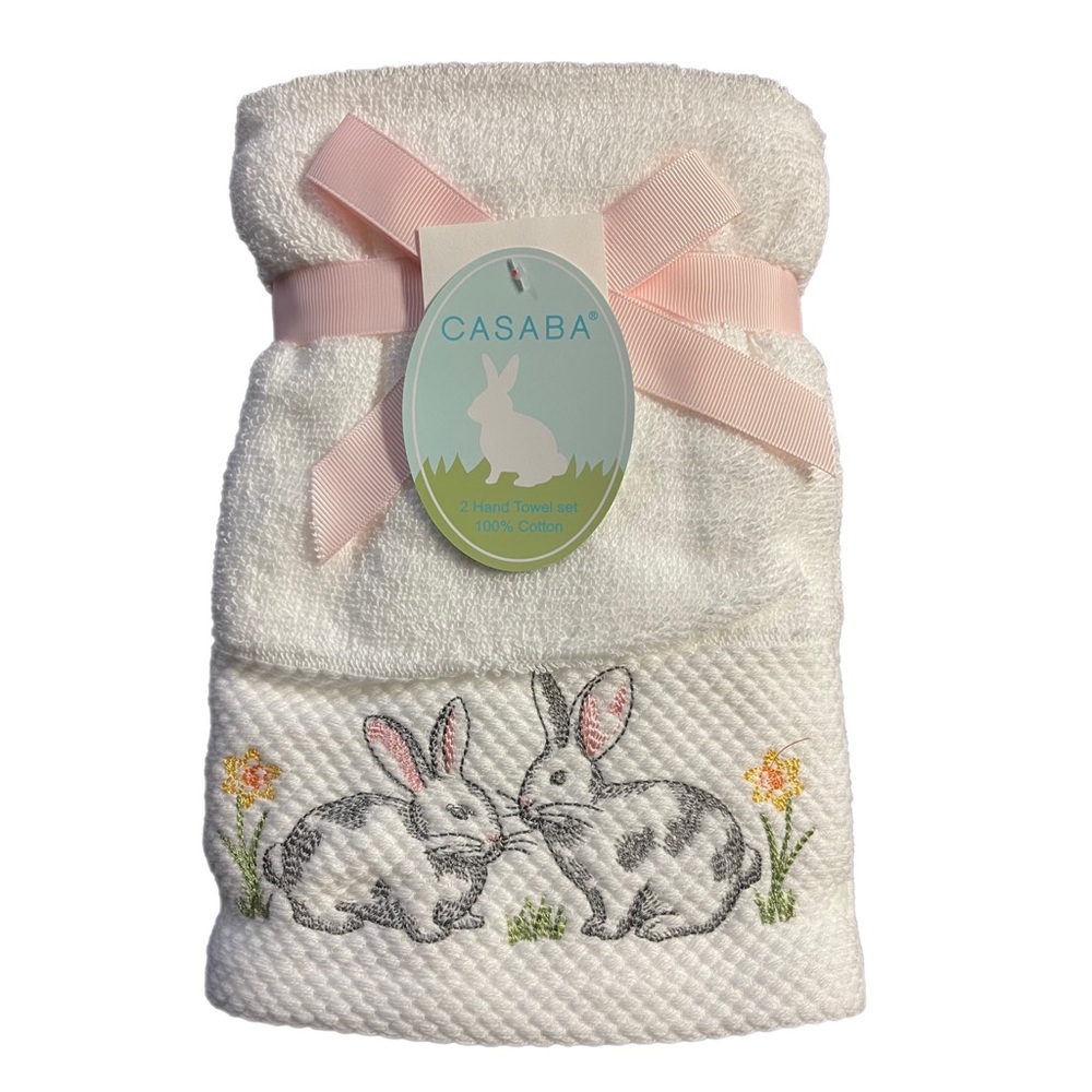 Casaba Cotton Bunny-&-Floral Embroidered Hand Towels Set | Kitchen & Bath